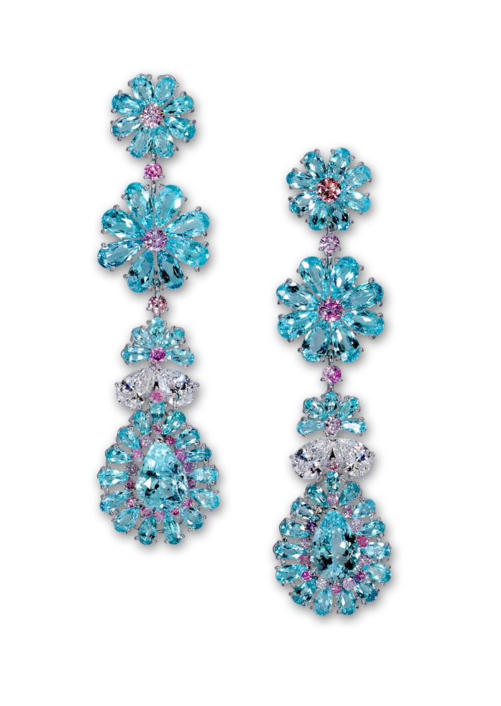 High Jewellery earrings with 16 22cts of Paraiba tourmaline 1 74cts of pink diamonds and 2 10cts of white diamonds